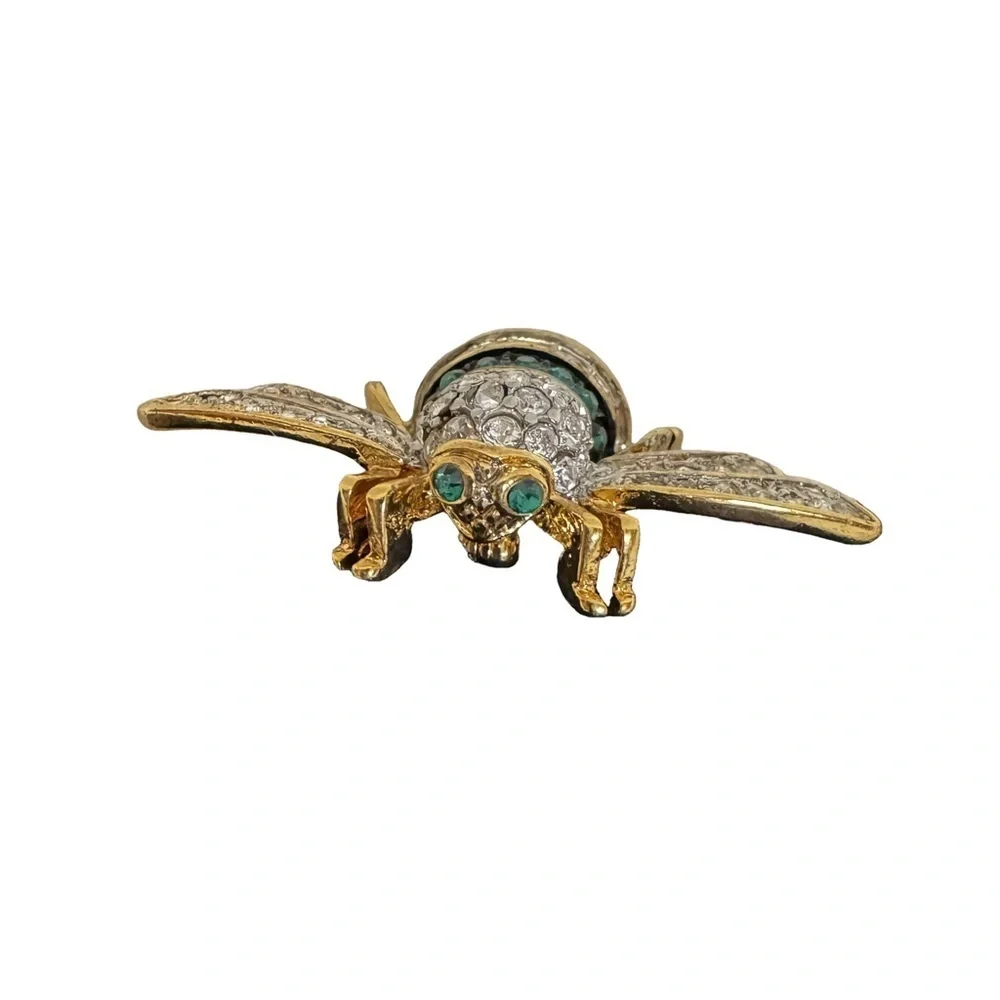 Joan Rivers Collection Gold Tone Clear and Green Bee Brooch Pin Rhinestones NWOT